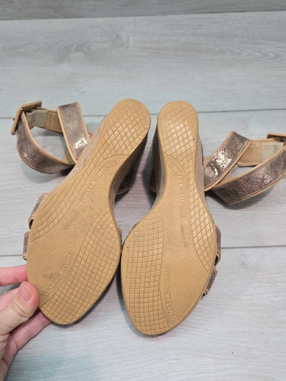 Stuart Weitzman Women Cork Wedge Sandals with Glitter Leather Straps Sz 6.5 - Picture 11 of 12